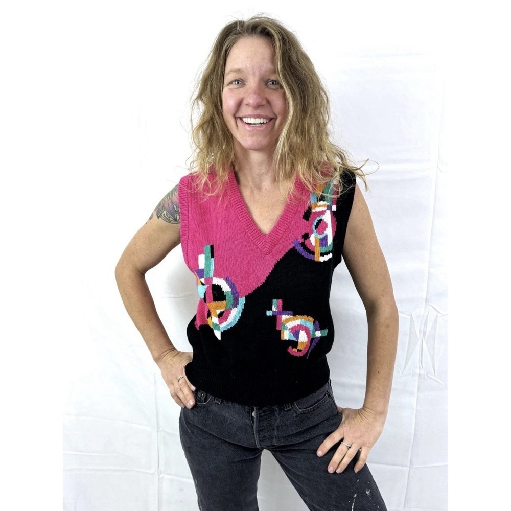 Vintage lily's of beverly hills Sweater Vest Academia Retro Pink Geo Preppy Sz S